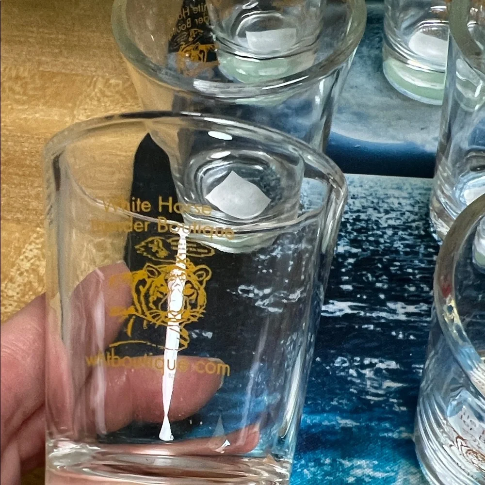 #0954*Set of 12 Clear Shot Glasses Thee Golden Tiger Art by Julie Lee Nersinger